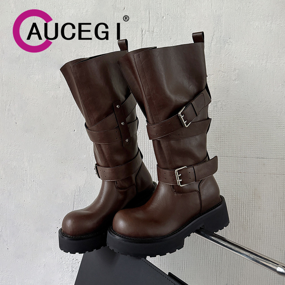 Leather Classic Strap - Aucegi Genuine Leather Platform Block Heels